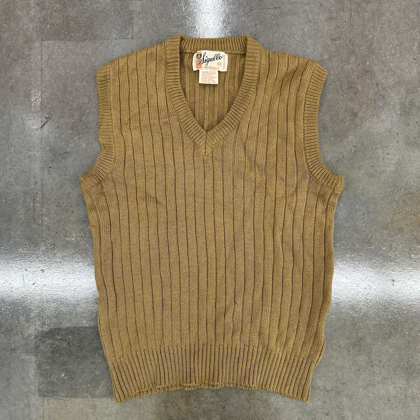 Vtg 70s Sigallo Acrylic Sweater Vest Brown Medium Made In Korea