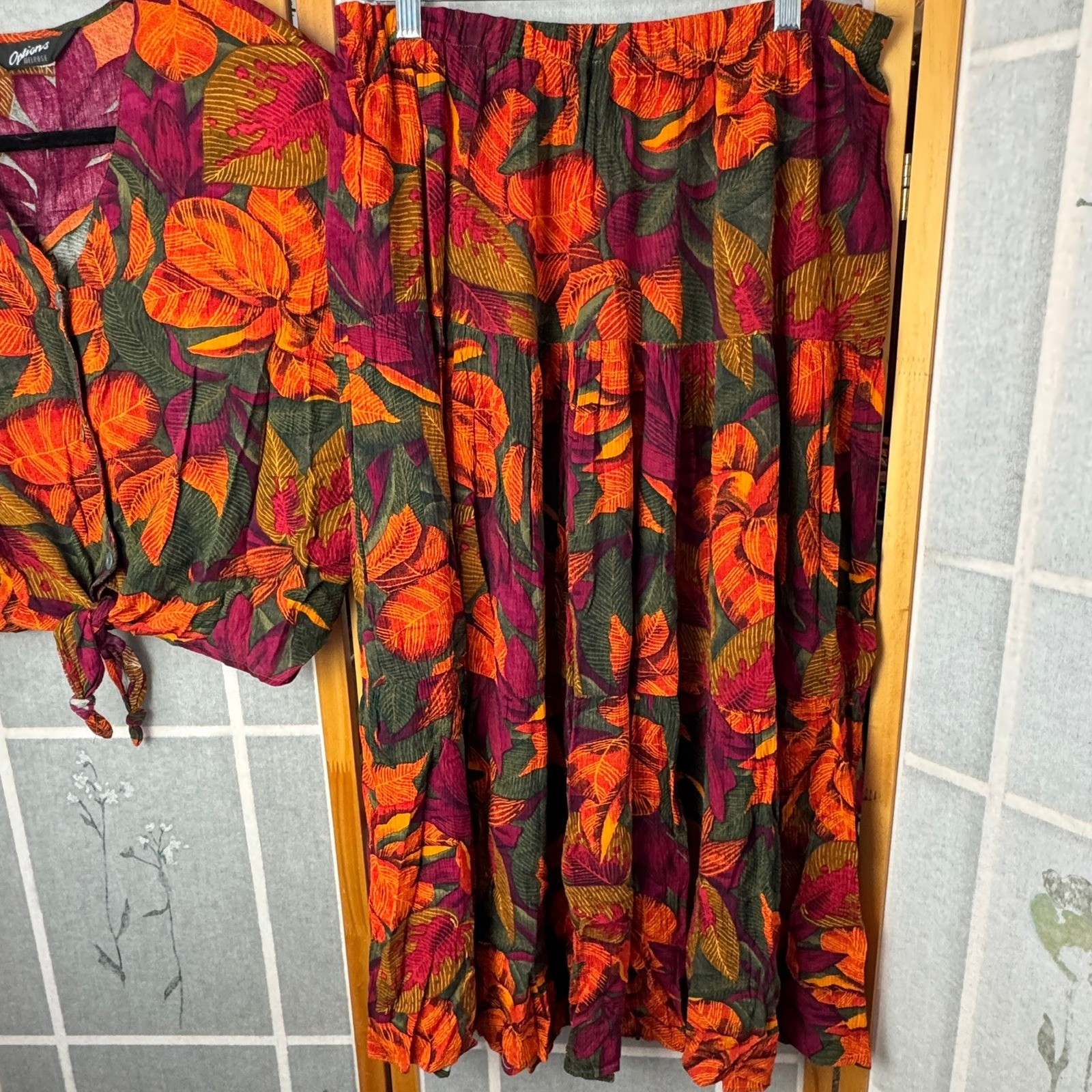 Vintage Options Melrose Tropical Leaf Print Tie Front Top and Maxi Skirt Set