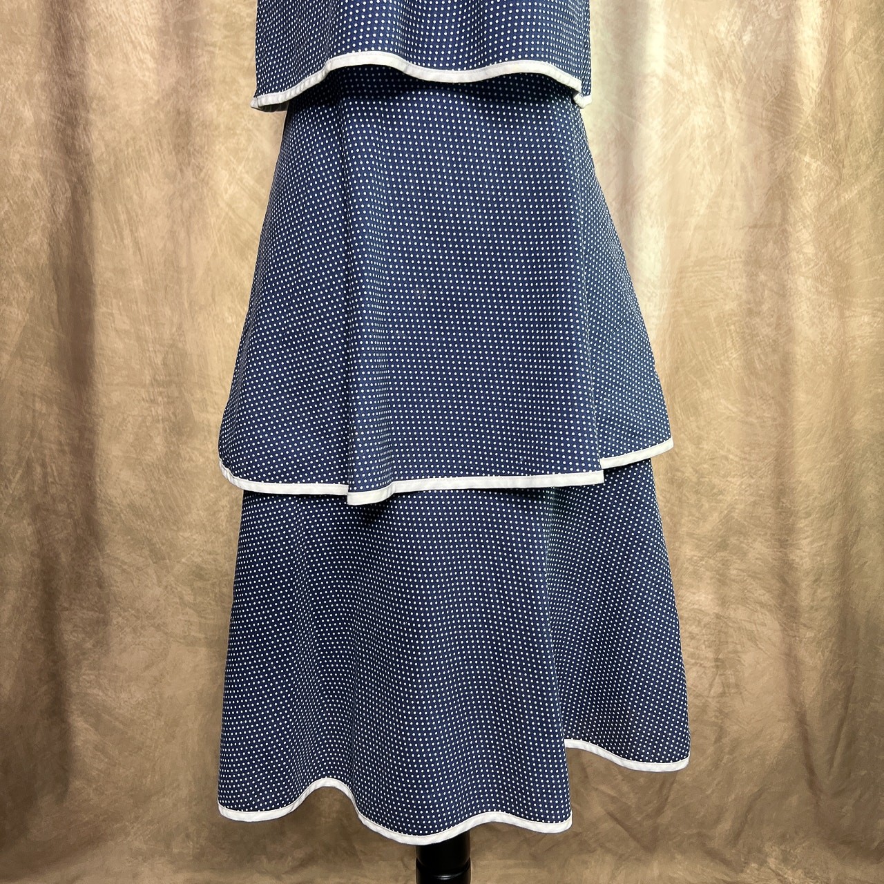 Vintage 70s Paper Moon by Yvette Tiered Layered Polka Dot Midi Dress Blue Beach