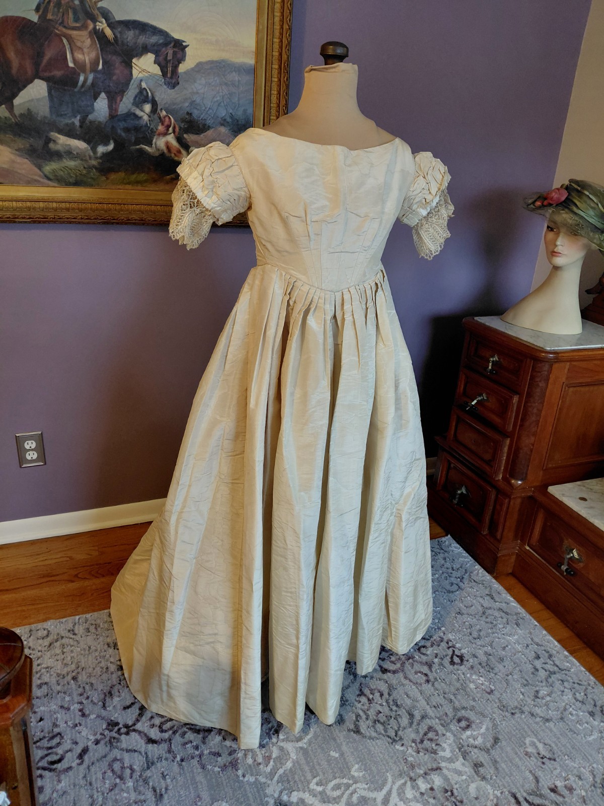 Antique Victorian ca 1850’s Ivory Silk Moire Wedding Dress Lace & Watch Pocket