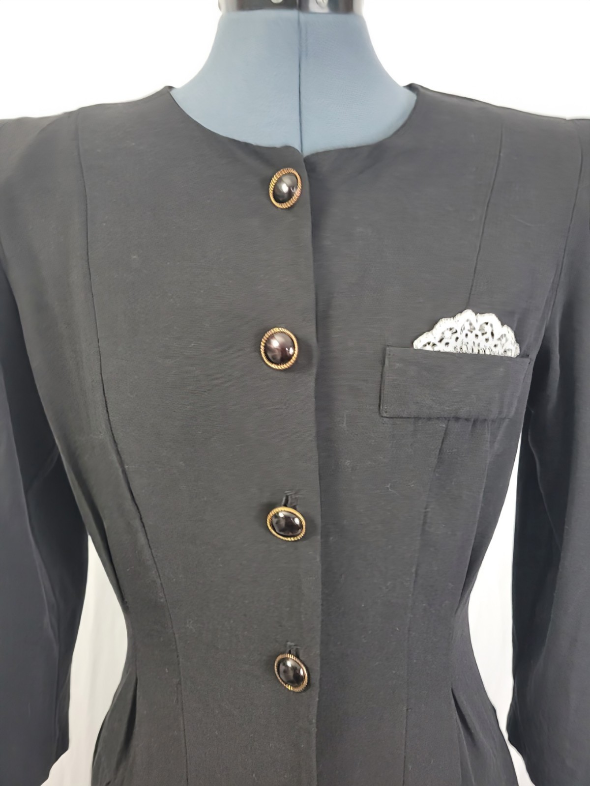 Vtg All That Jazz Black Button Down Sheath Dress w Lace Pocket Square Size 11/12