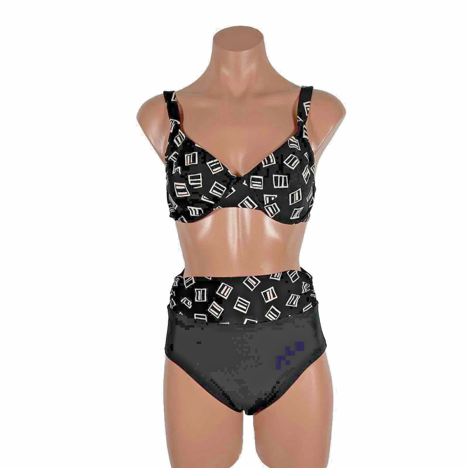 Vintage 80s 10/32D Swimsuit Pinup High-waisted Bikini Underwire Black Geometric