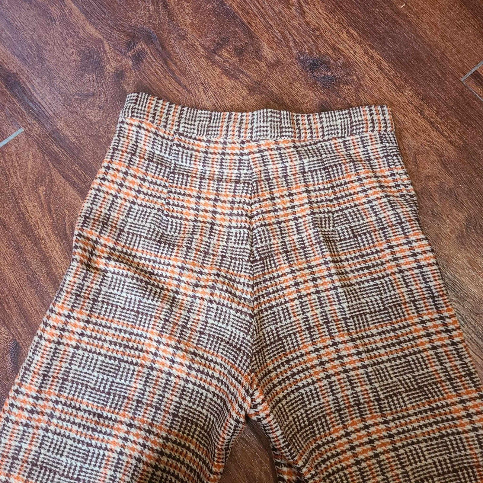 1970s Orange Plaid Happy Legs Bell-Bottom Pants Size S/M