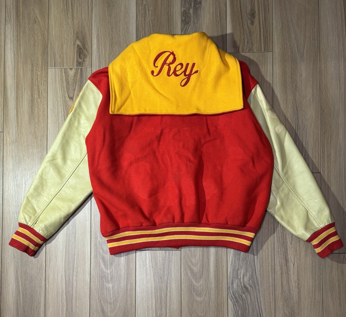 Vintage Letterman Jacket Red Yellow Trojan Woman’s Size L/XL Sailor Collar