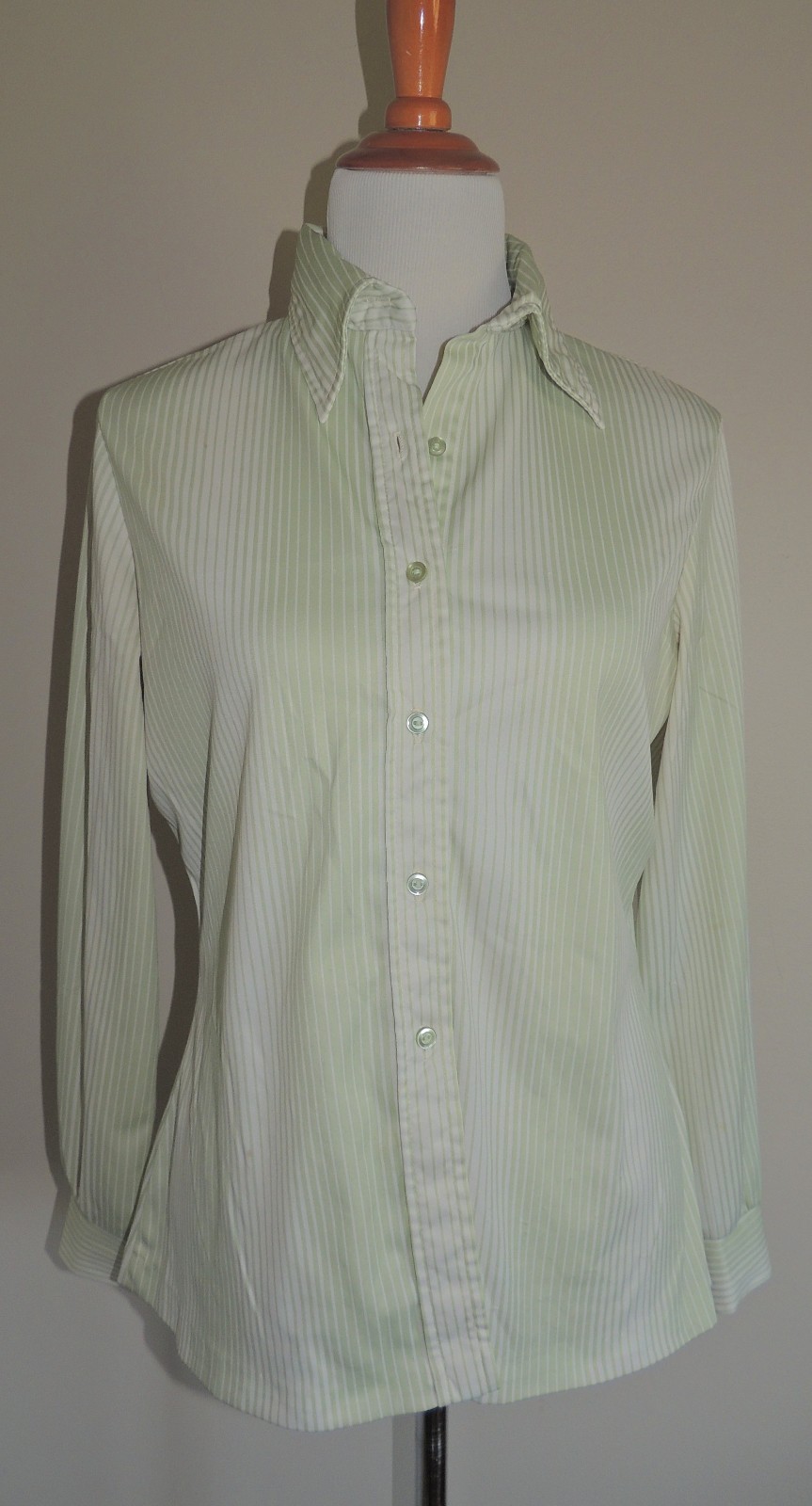 VINTAGE JACK WINTER WOMEN’S GREEN/WHITE STRIPED POLYESTER LONG SLEEVE BLOUSE