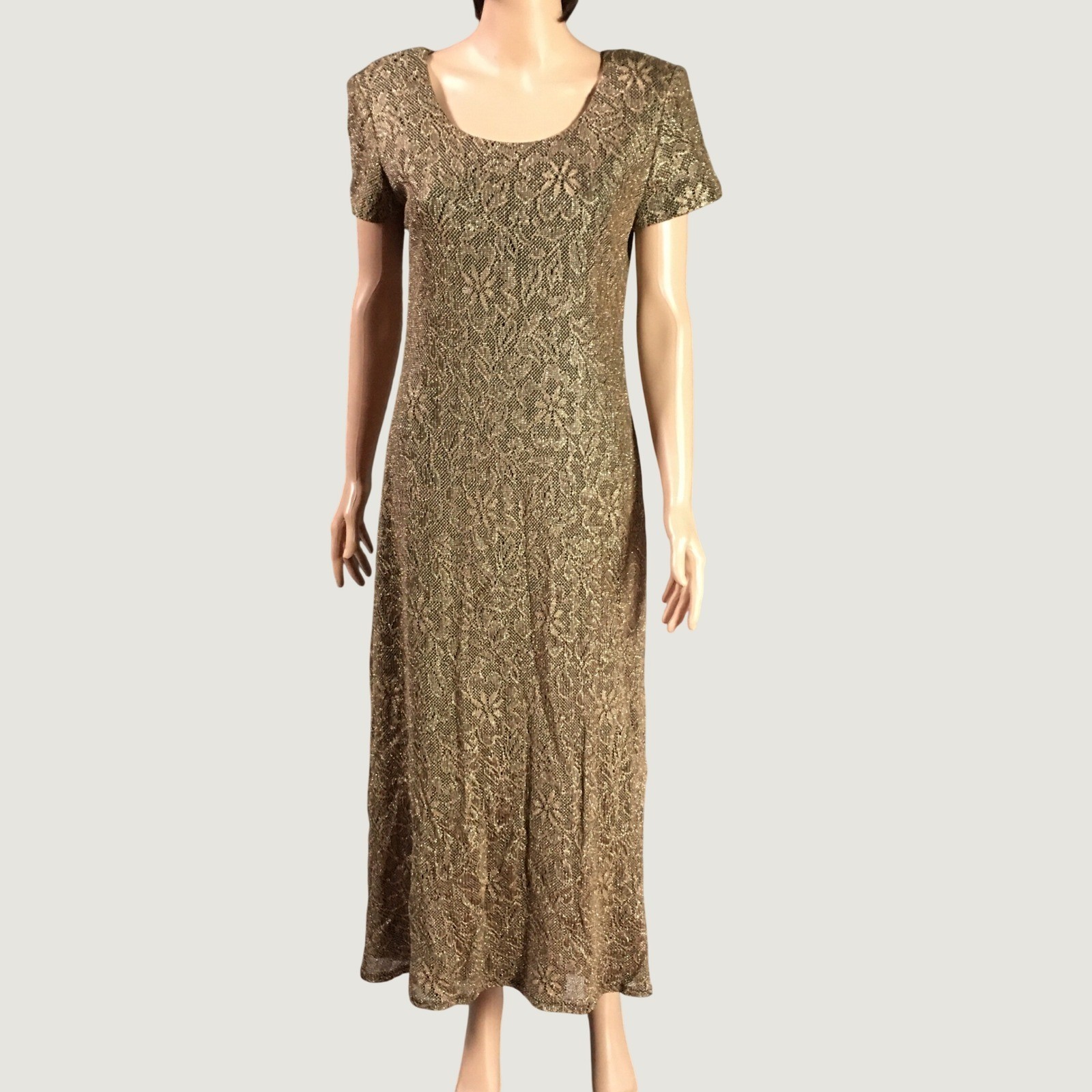 Vintage Jessica Howard 80s Gold Metallic Knit Floral Lace Maxi Dress 12 Evening