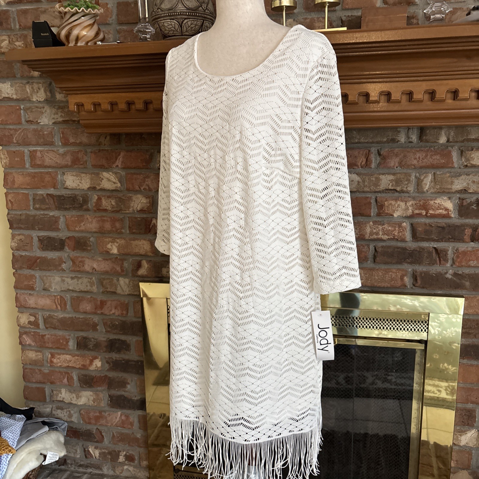vintage jody california dress white Crochet Dress Fringe Bottom XL Made USA 1970