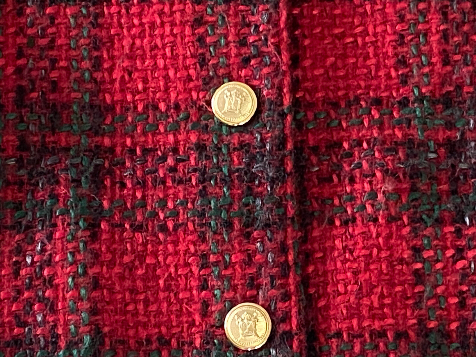 Womens Vintage Tanjay Tweed Blazer Large red green 12 80’s Gold buttons crop