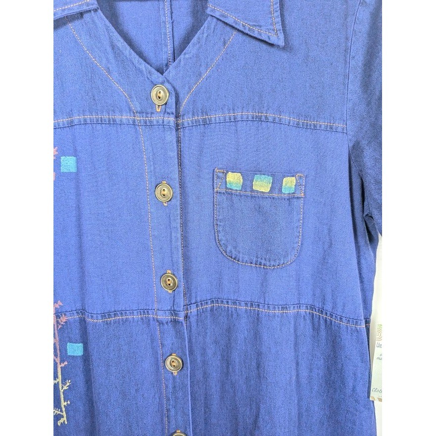 Vtg 90s Y2K Blue Cactus Maxi Dress Large Hand Painted Southwestern Denim Artsy
