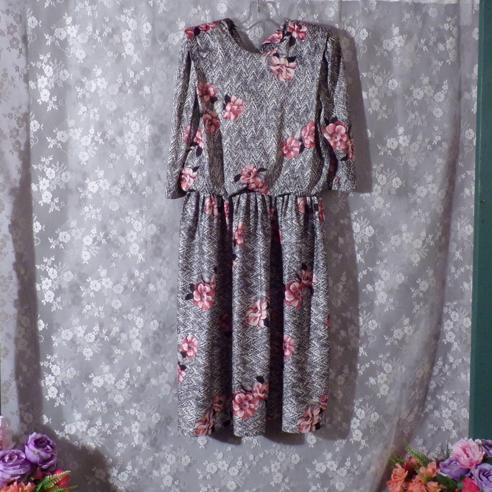 Vintage 80s Floral Dress Size XL 1980s Retro Black Pink Secretary New Wave Twee
