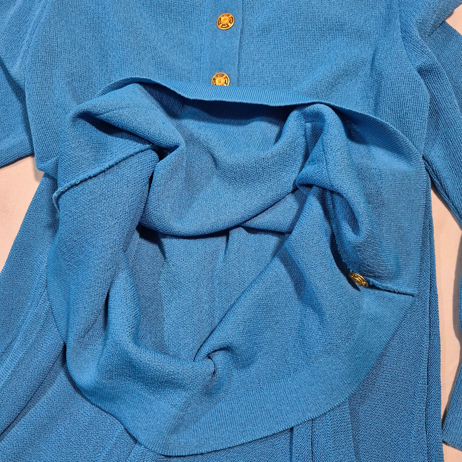 Vtg Castleberry Knit Skirt Suit Set Womens 14 Royal Blue Gold Button 80s MINT