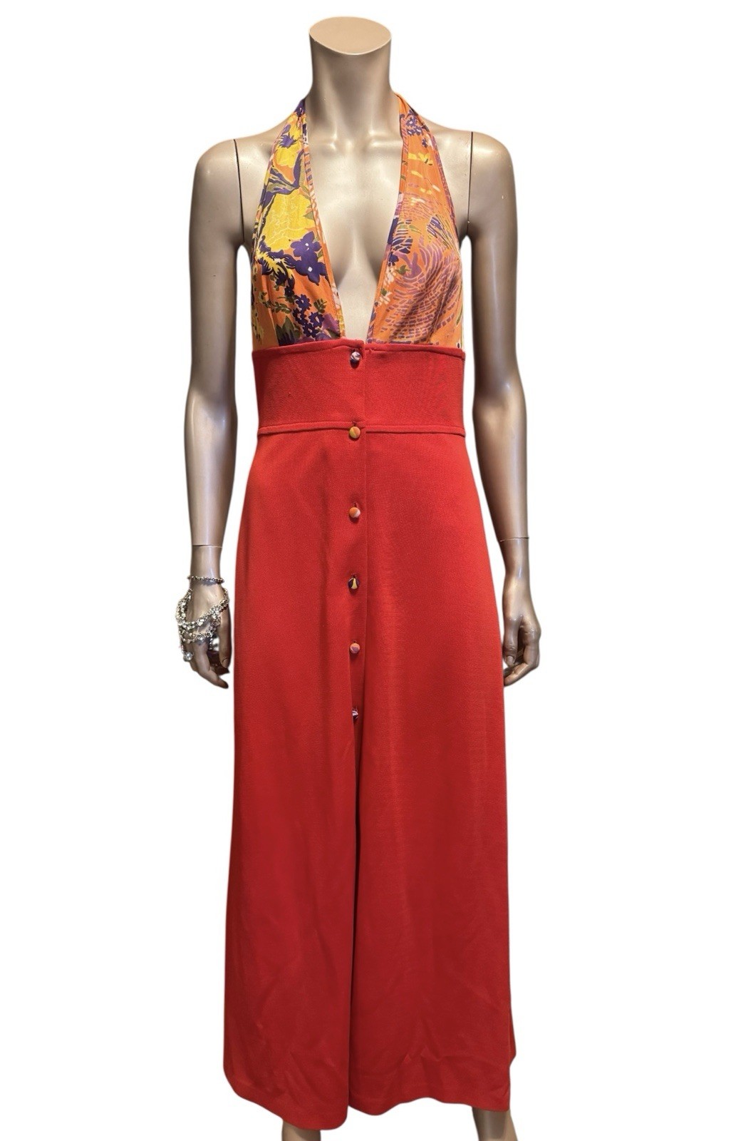 Vintage 1970s Deep V Halter Dress