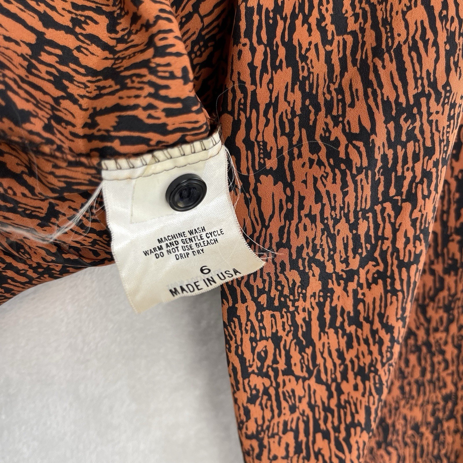 Vintage Bleyle 70s Secretary Blouse Pussybow Bark Print USA Made 6 Office Siren
