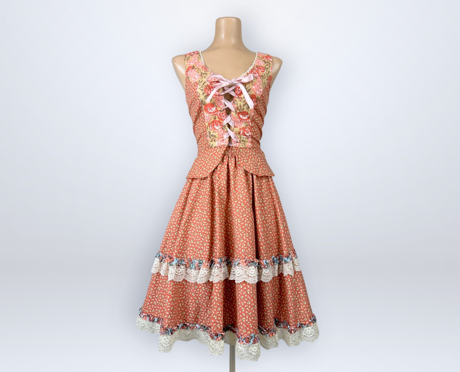 Rare Vintage 1970s Homespun Ltd Two-Piece Corset Top Skirt Set Prairie Calico