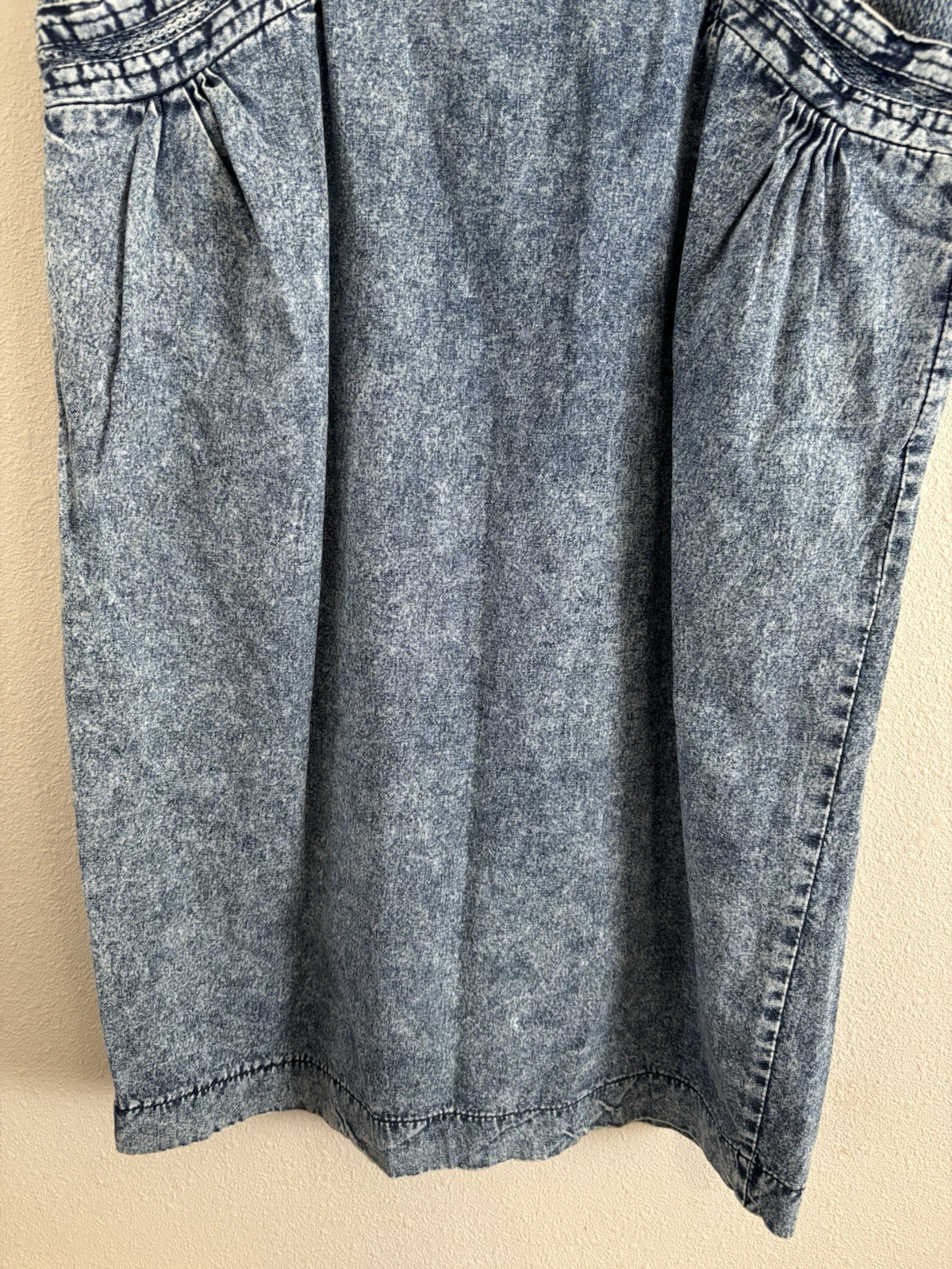 Vtg 80s Acid Wash Denim Midi Dress M?? Puff Sleeve Western Boho Shoulder Pads