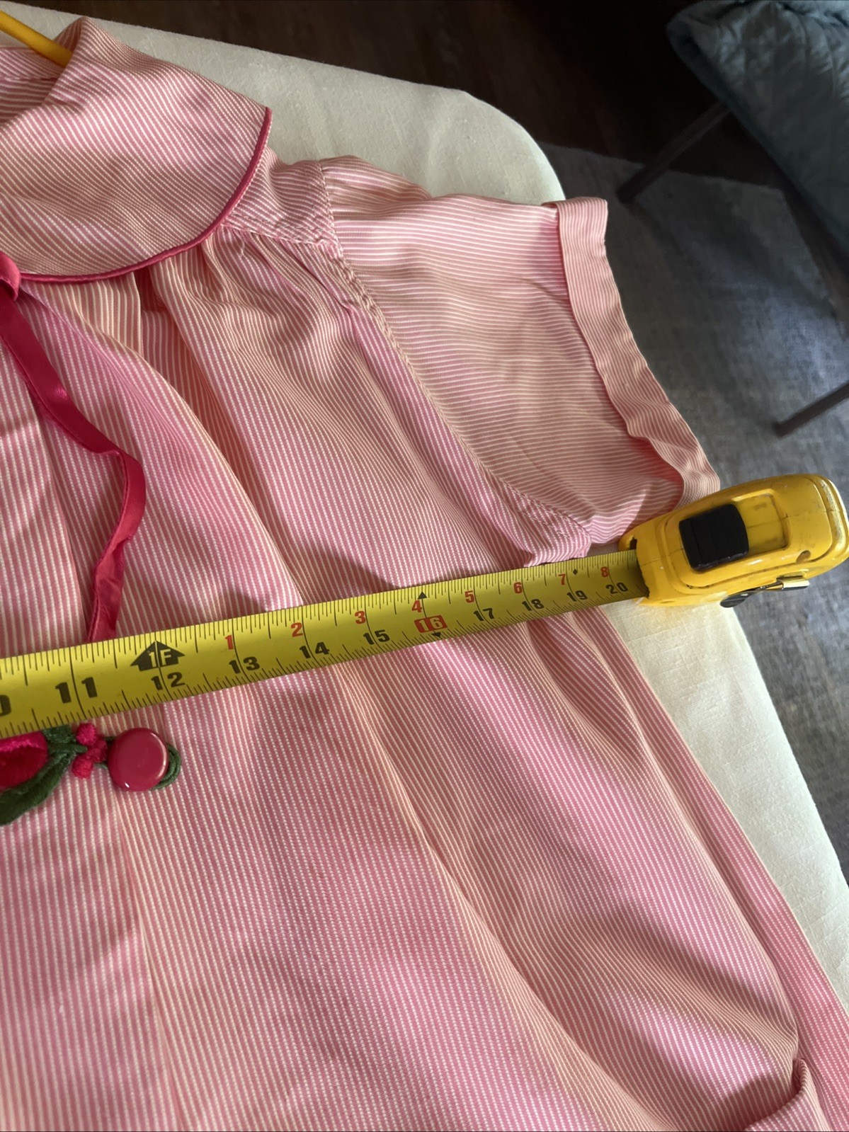 Vintage Paulette New York Pink Striped Nightgown Button Up House Dress Embroider