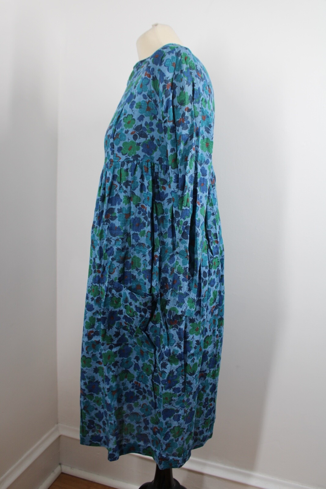 Vtg 50s/60s Blue Floral 14 Woven Cotton Long Sleeve Dress 36″ Bust