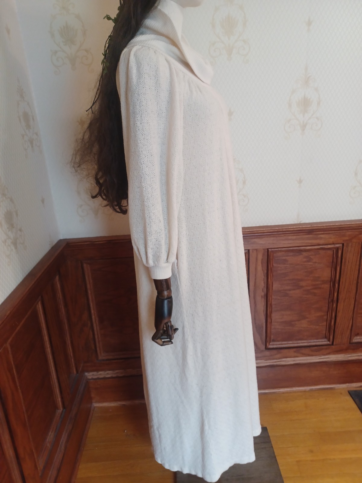 Vintage 1970s R. Michael Allen Ivory Boho Prairie Cowl Neck Knit Hostess Dress
