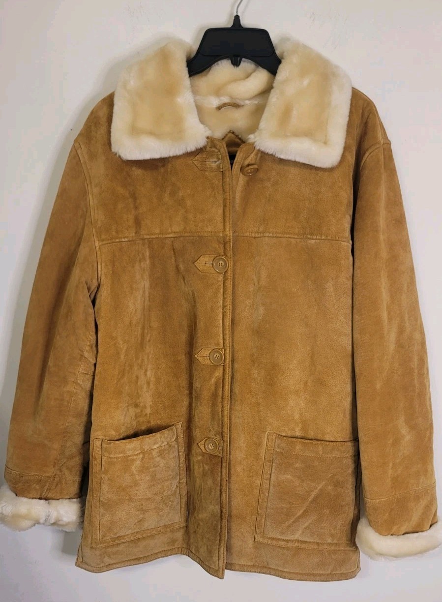 Women’s Vintage Dennis Basso Genuine Leather Coat Size Medium Faux Fur Jacket