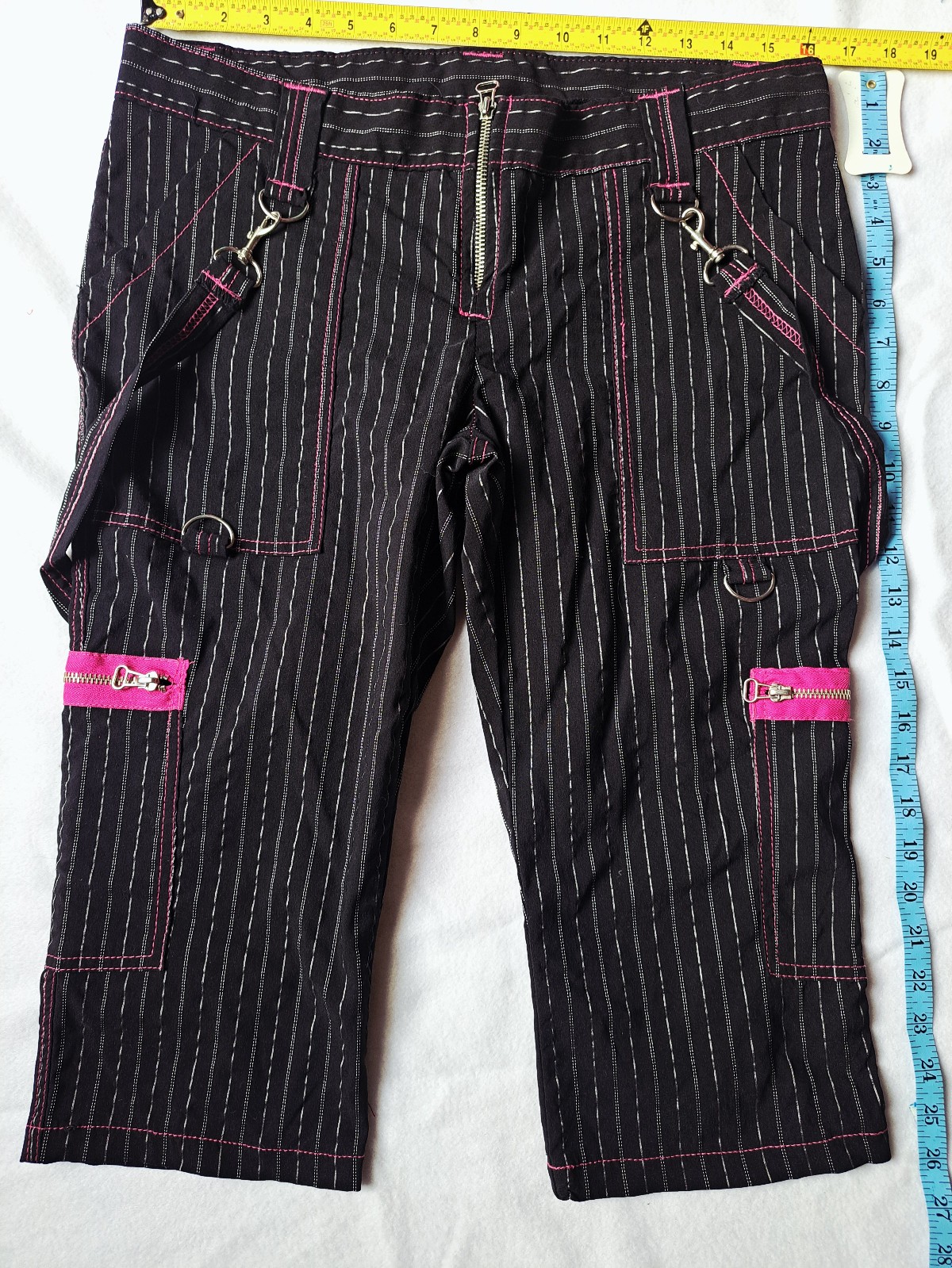 RARE VTG Serious Clothing Black Pink StretchPinstripe Bondage Capris Y2K size 13