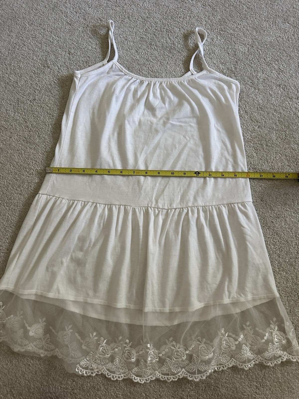 Women’s White Spaghetti Strap Slip / Chemise Lingerie with Lace Hem Trim