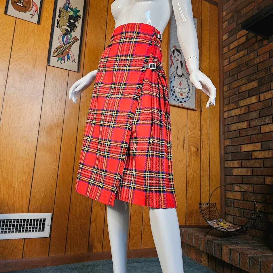 Vtg 80s British Punk Tartan Plaid Accordion Pleated Wool Buckle Wrap Skirt XS/S