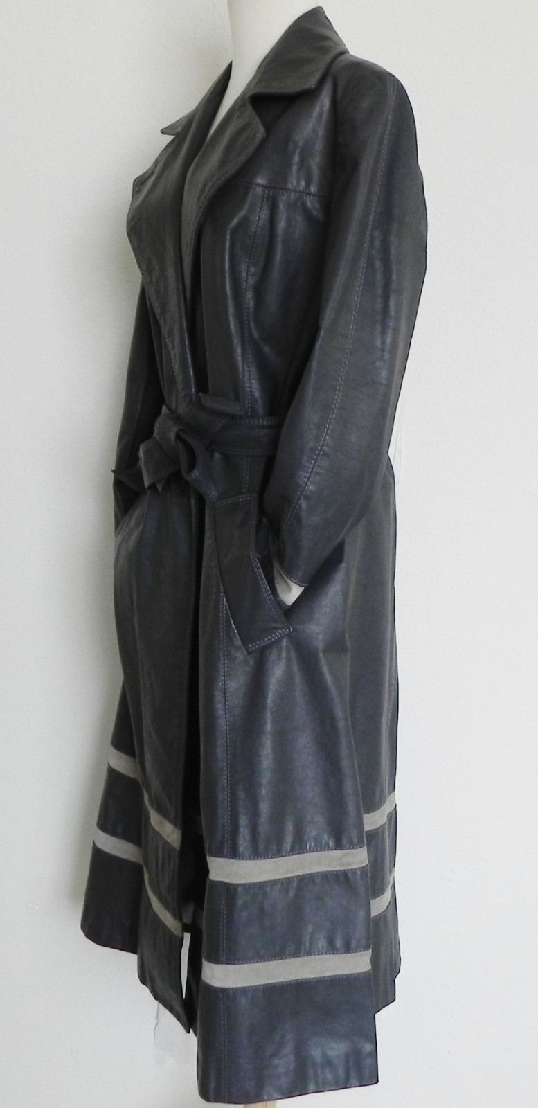 The Tannery Montgomery Ward Leather Overcoat Pockets Gray Midi Belted Size M