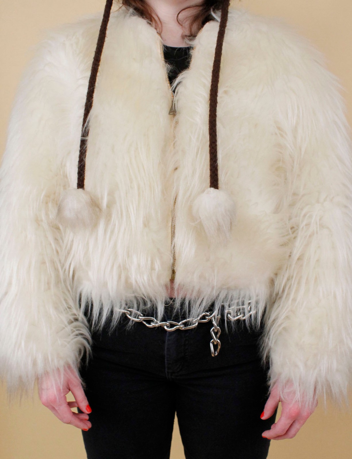 60s 70s Vtg Shaggy Faux Fur White Zip Up Crop Jacket Coat Mod Rocker Glam B34″