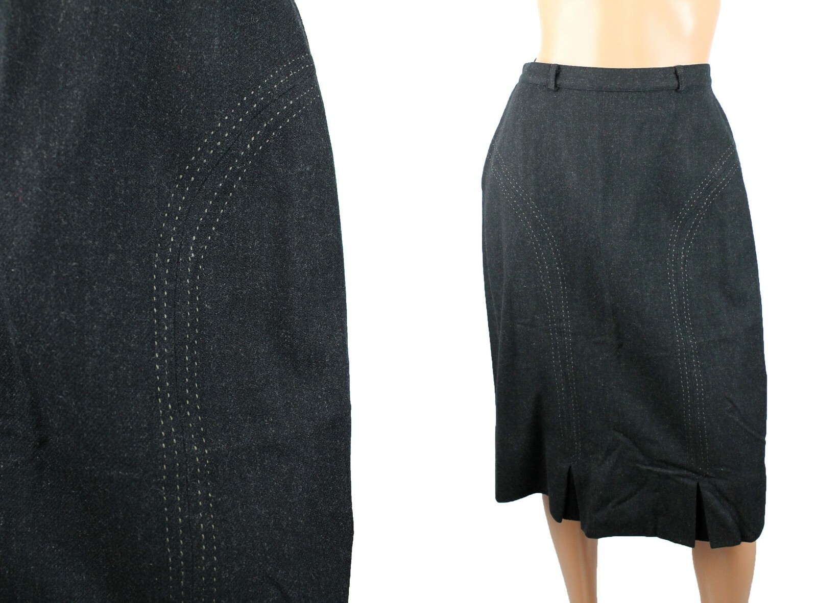 Vintage Pencil Skirt Sz S 60s Wool Black Charcoal Gray Embroidered Fitted Wiggle