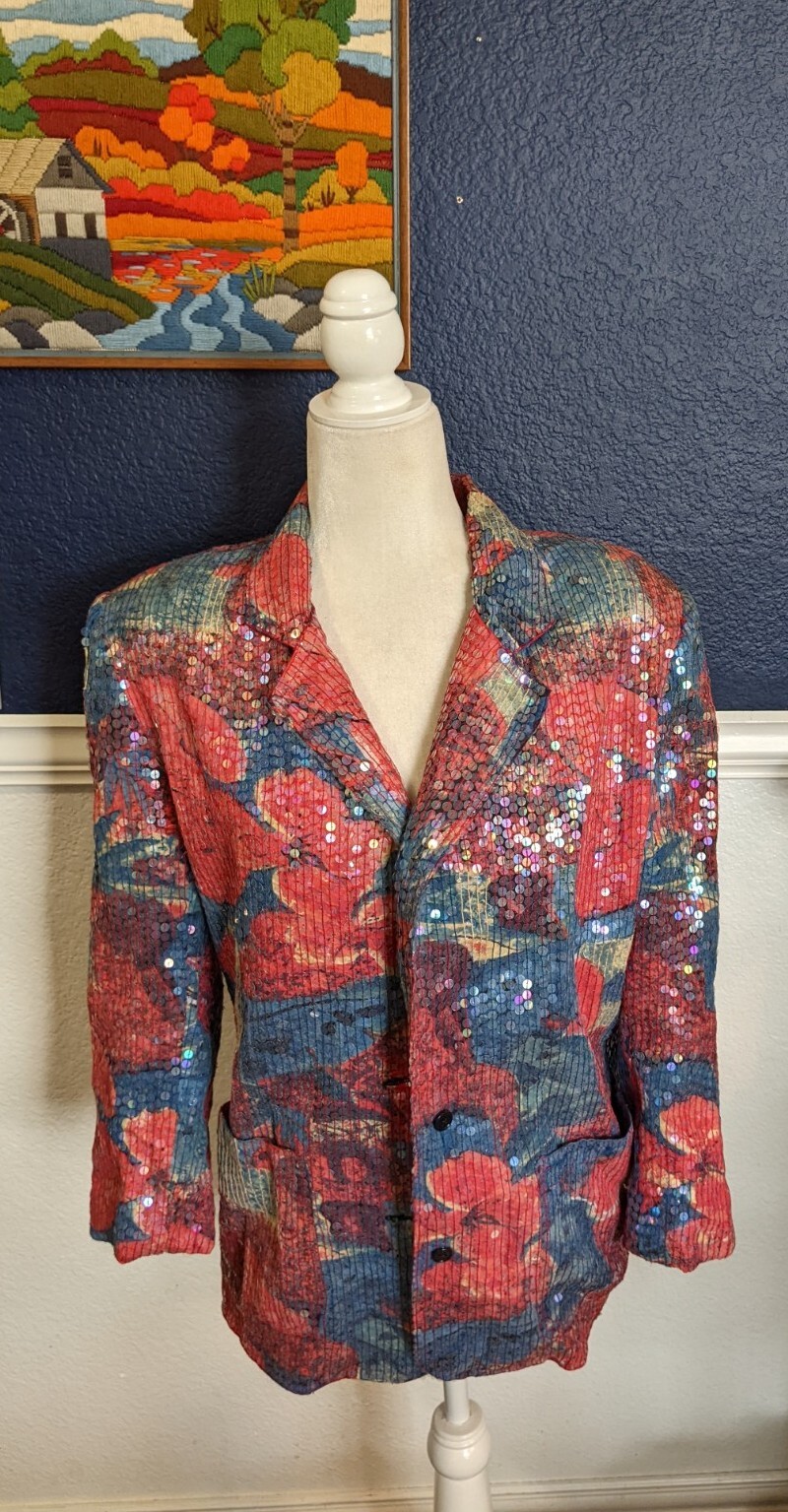 VTG Sandy Starkman Sequin Multi Color Colorful Button Art Funk Jacket Sz Small S