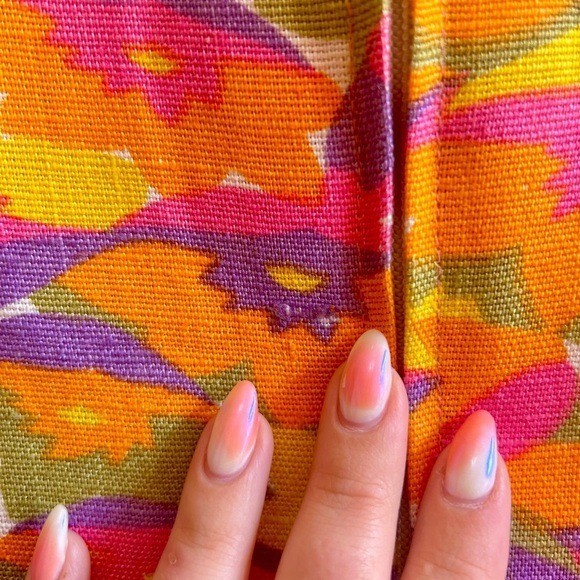 Vintage 60s Woven Linen Psychedelic Flower Power Fitted Dress