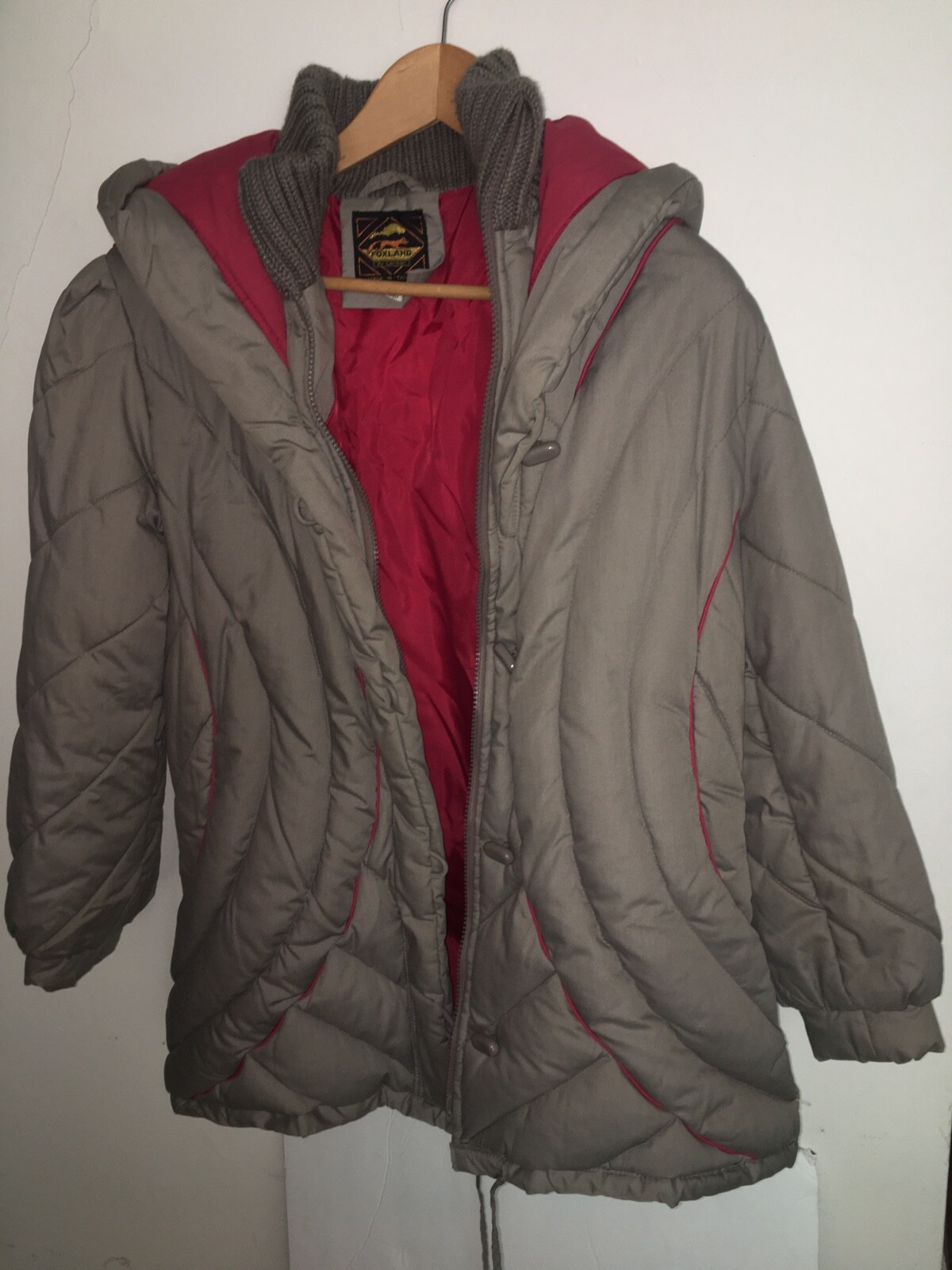 VTG Foxland by Lanson Down Puffer Quilted Coat 80s Gray Maroon Hood Womens Sz S