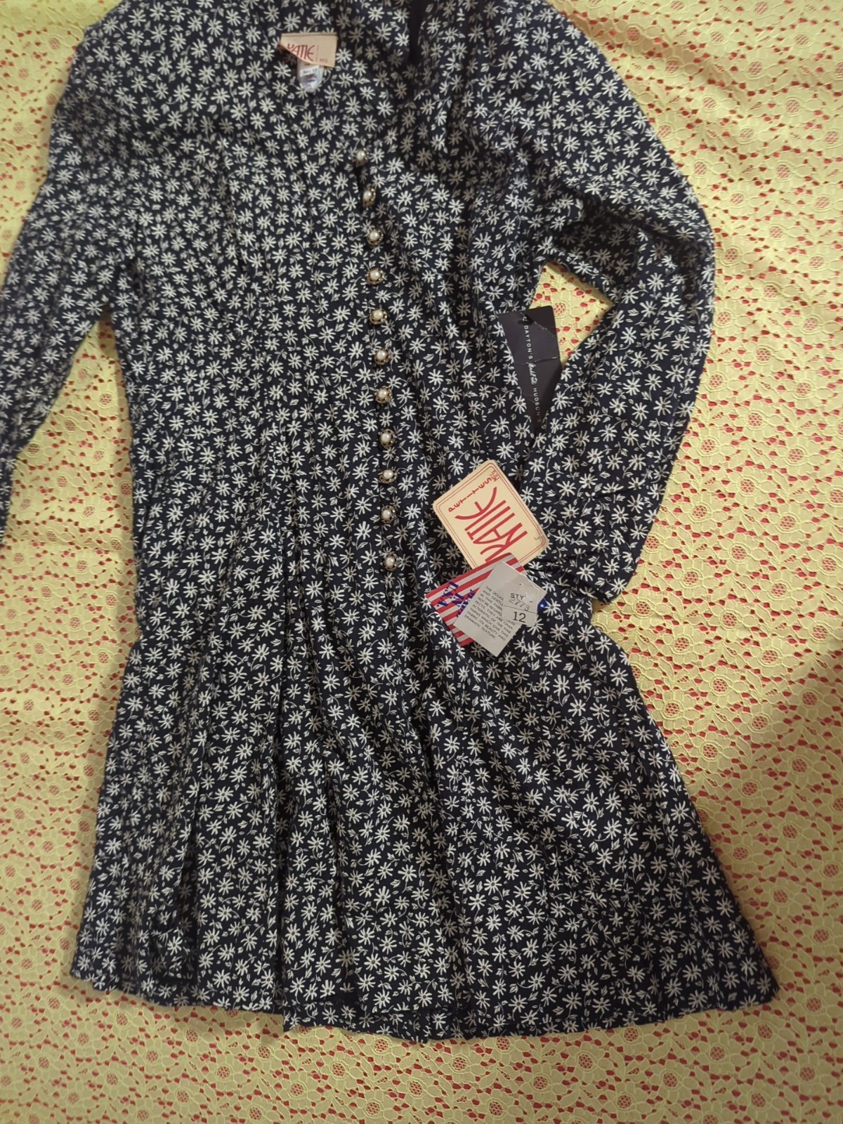 KATIE MFG Floral LSleeve Vintage 80s Dress Size 12 Made In USA Union Made NOS