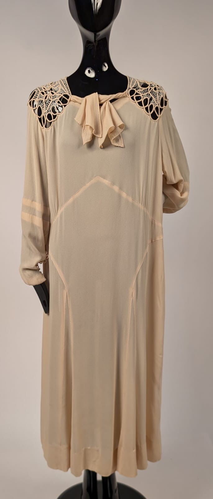 PEGGY DARE – PARAMOUNT DRESS CO LATE 1920’S CHIFFON DRESS W HAND MADE LACE TOP