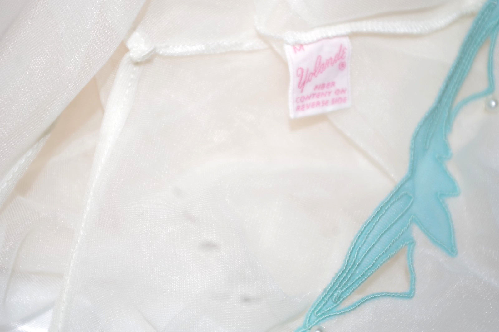 K Vintage Yolande M Off White & Aqua Openwork Pearls Chiffon Nylon Nightgown