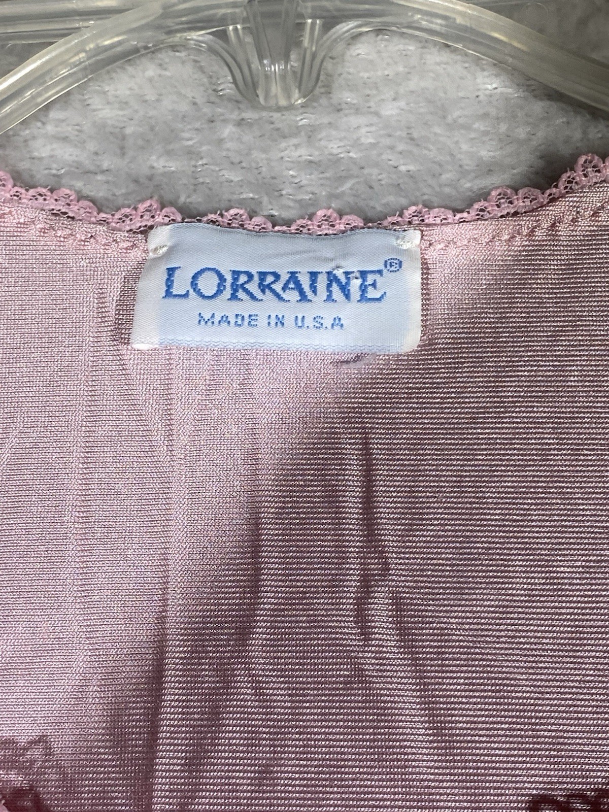 Vintage Lorraine Ice Pink Nylon Housecoat Lace Trim Covered Buttons Size Large
