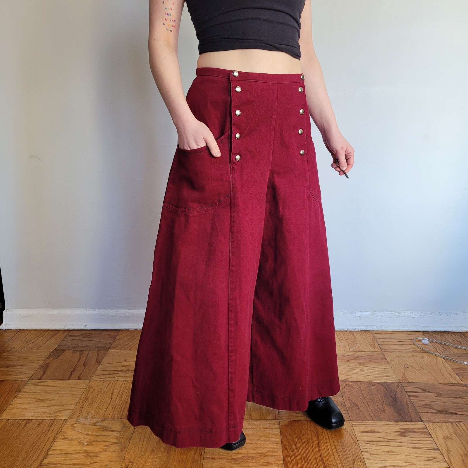 Vintage Maroon Wide Leg Bell Bottom High Waist Pant Hippy Rave 24″ Bell Size 29