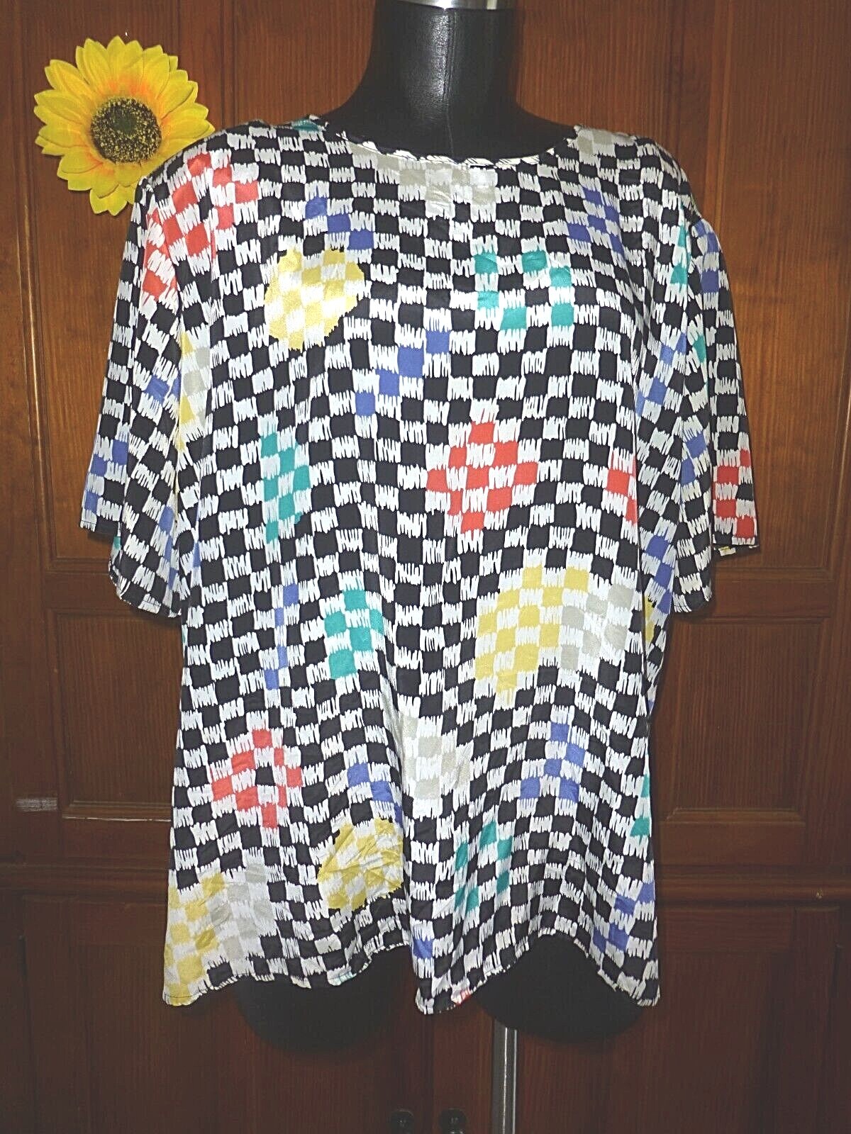 😍 VTG 80s Rainbow Checkered Print Silky Secretary Shirt BLOUSE TOP Plus sz 22W