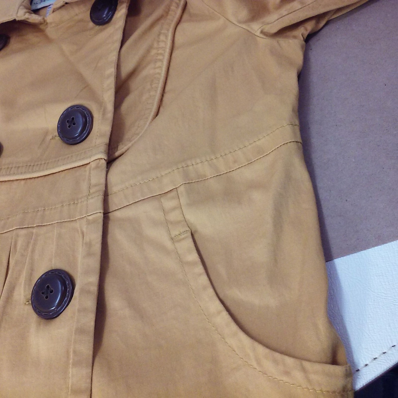 Vintage 90s American Rag Pea Coat Crop Jacket -S Pockets Buttons Safari Mustard