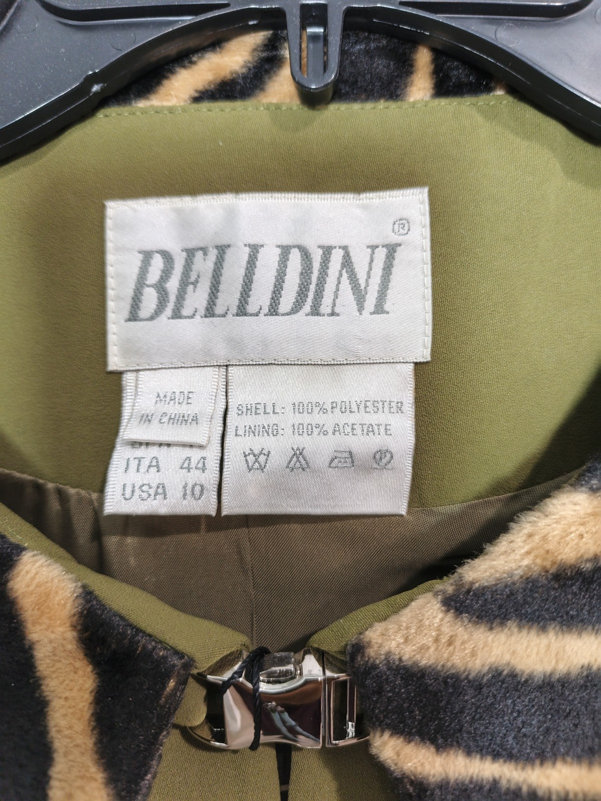 Belldini Olive Coat Animal Print Collar & Cuffs 100% Polyester USA 10 ITA 44