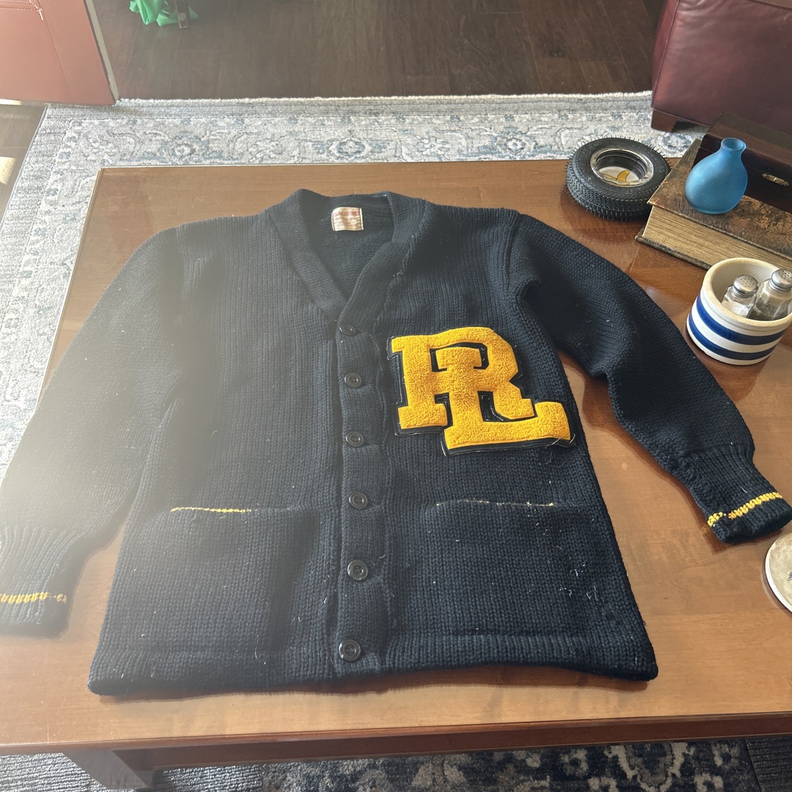 Vintage High School Varsity Knit Cardigan Letterman Sweater Black Yellow