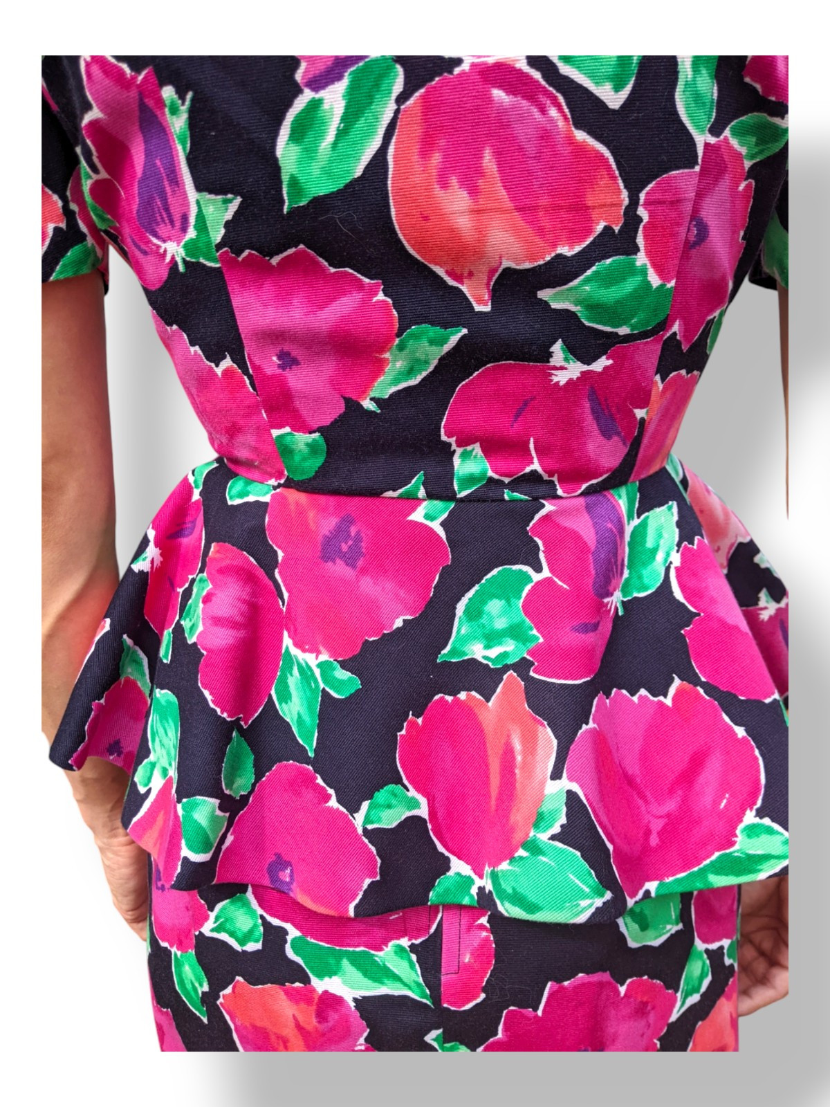 Vtg Leslie Fay 80s Peplum Jacket Top Chiffon Collar Rose Floral Easter Suit Sz 4