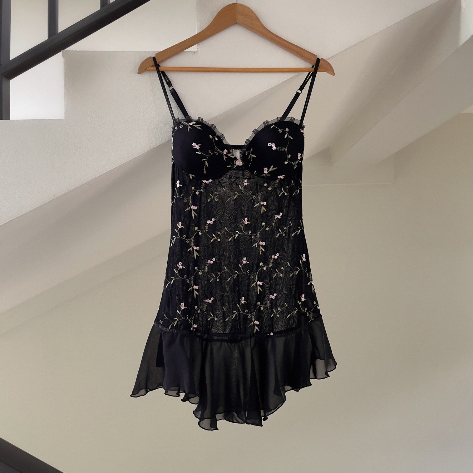 Romantic Y2K Black Floral Embroidered Semi-Sheer Mesh Slip Dress (M–L)