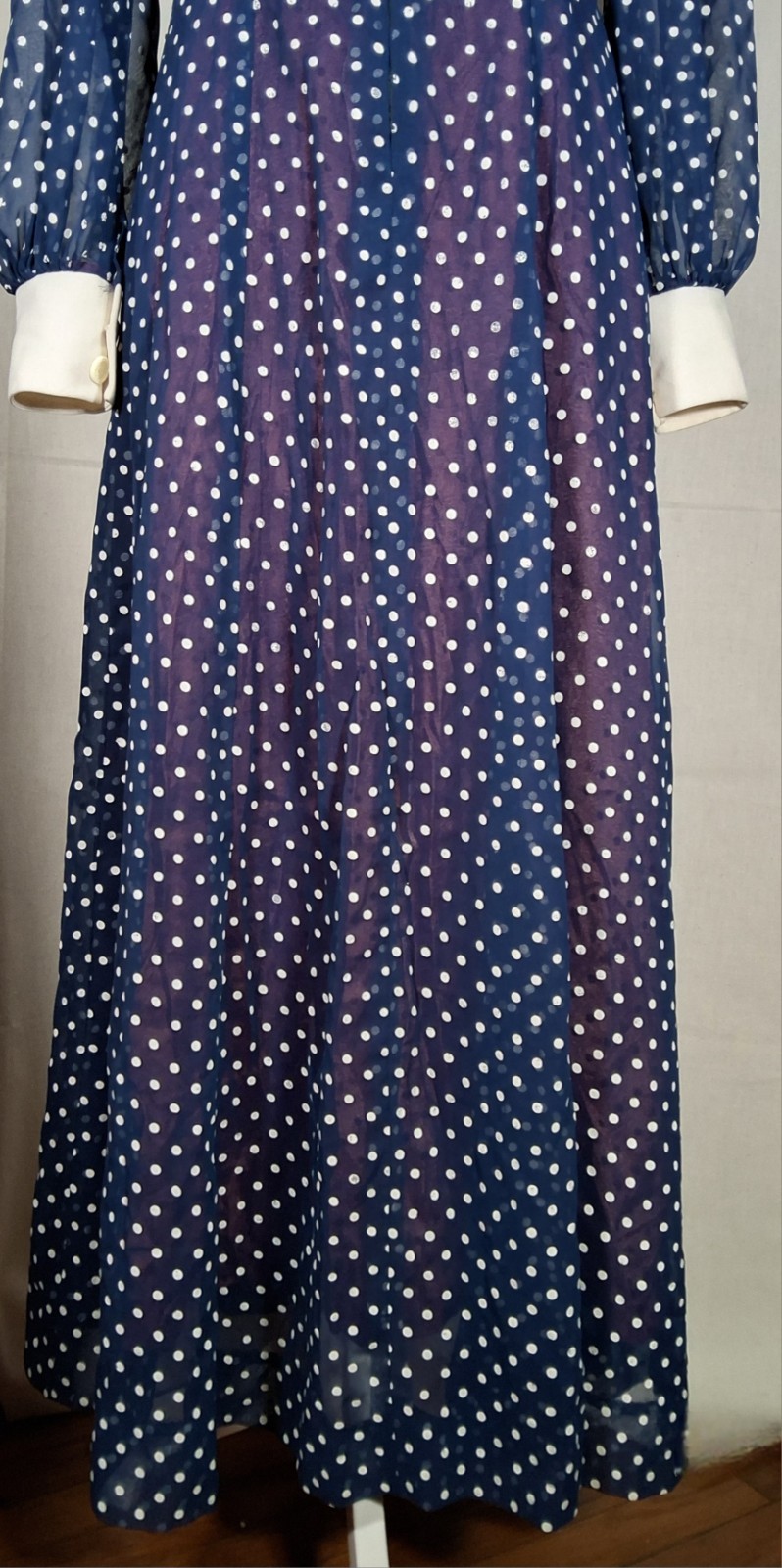 Vtg 70s Blue And White Polka Dots Chifon Long Maxi Dress Korean Tailor Shop Sz S