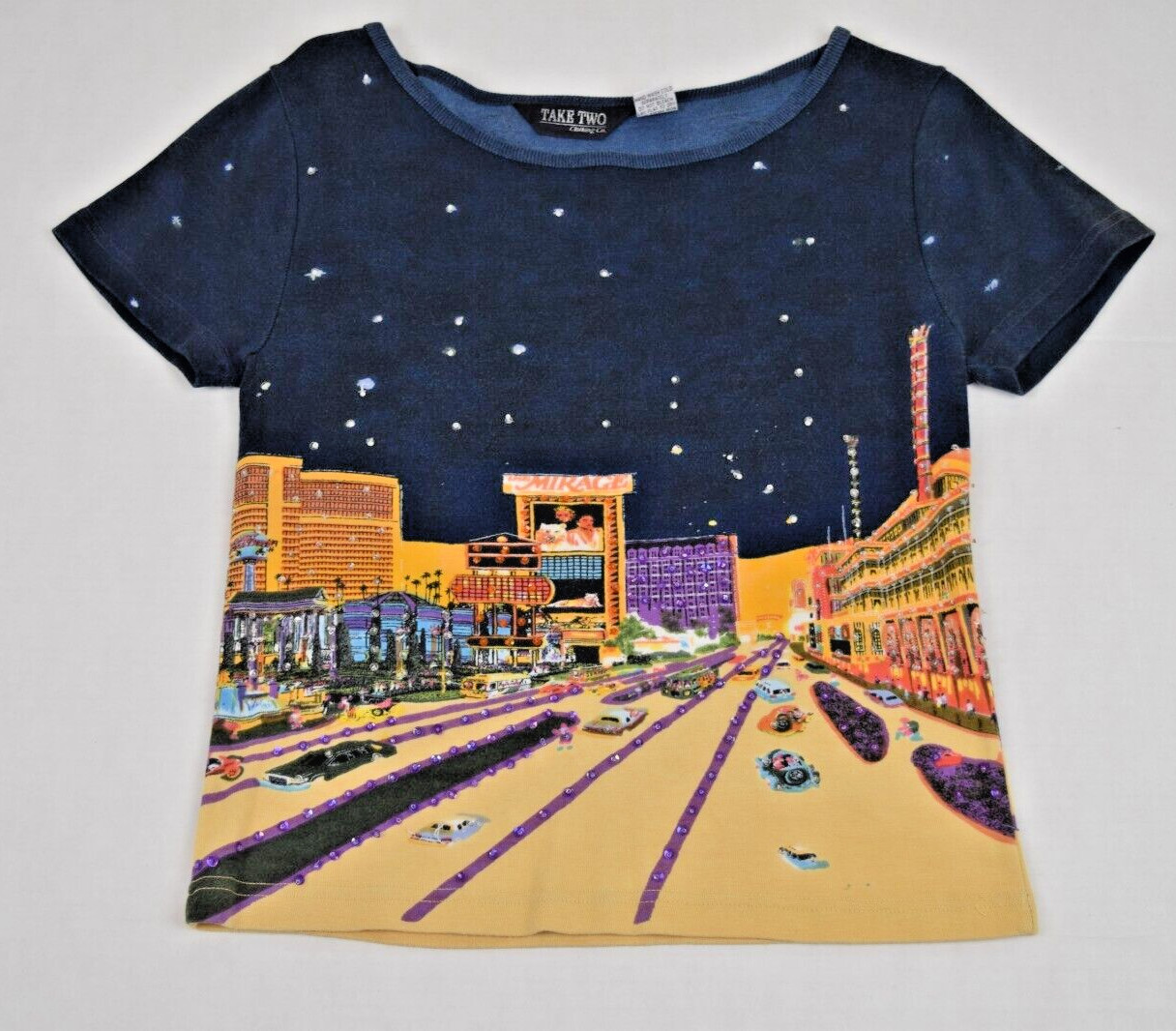 VTG Las Vegas Top Take Two Size S/M 80s City Scape Mirage Siegfried Roy Sequins