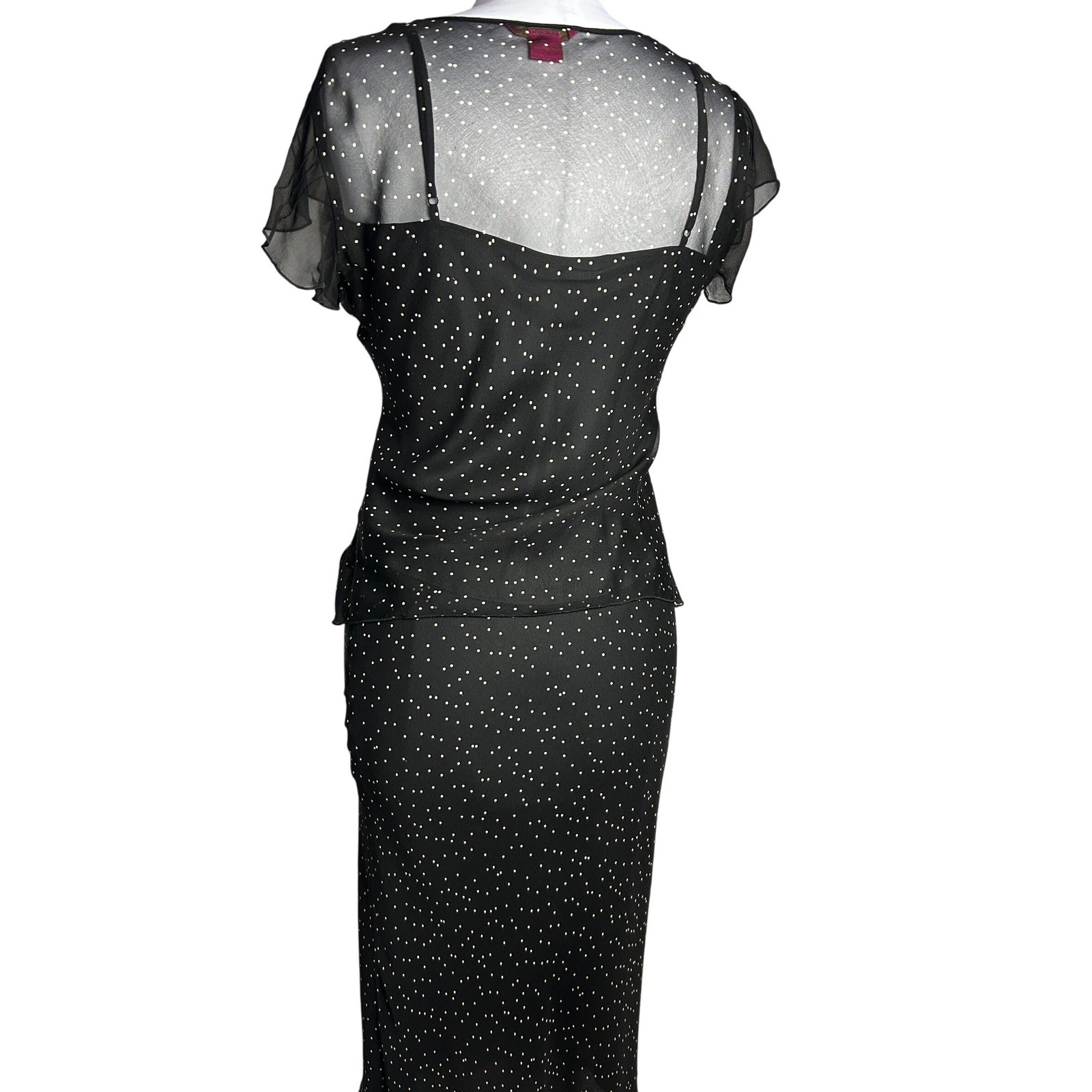 Vintage 90s Polka Dot 3 Piece Set Sheer Silk Blouse Skirt & Camisole Black White