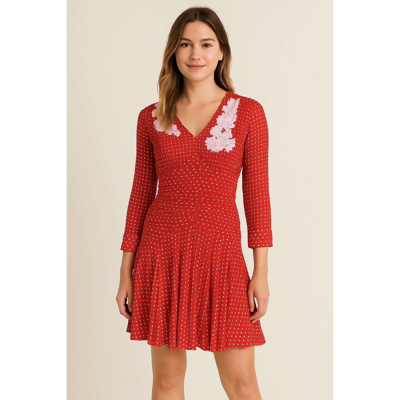 Red white Polka Dot Ruched Drop Waist Floral applique Retro Romantic Y2k Sz S/M