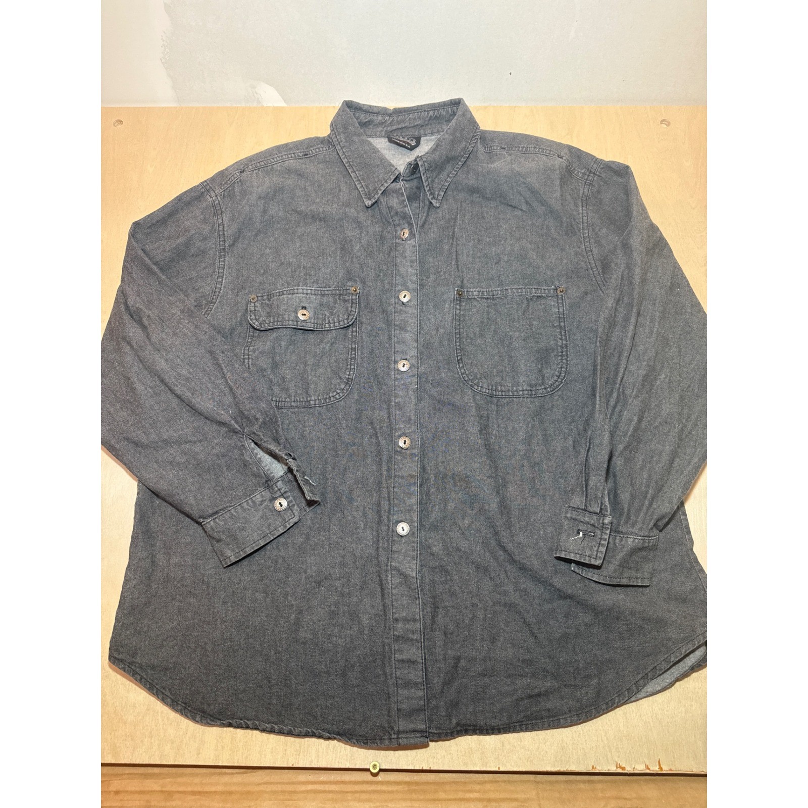 Vintage Dakota Sport Black Denim Button Down Shirt 90s Made in USA Shoulder Pads