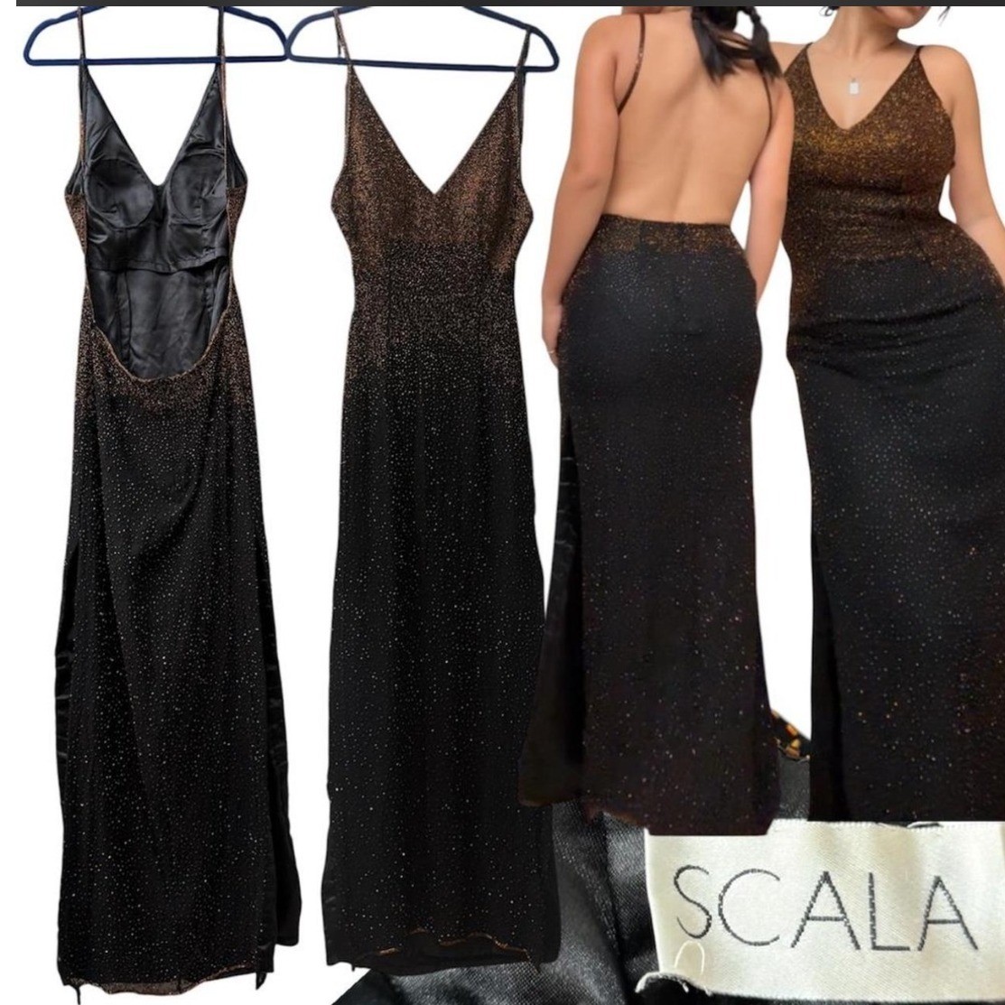 VTG Scala Dress Black Copper Gold Beaded Ombre Backless Formal Gown Silk 4