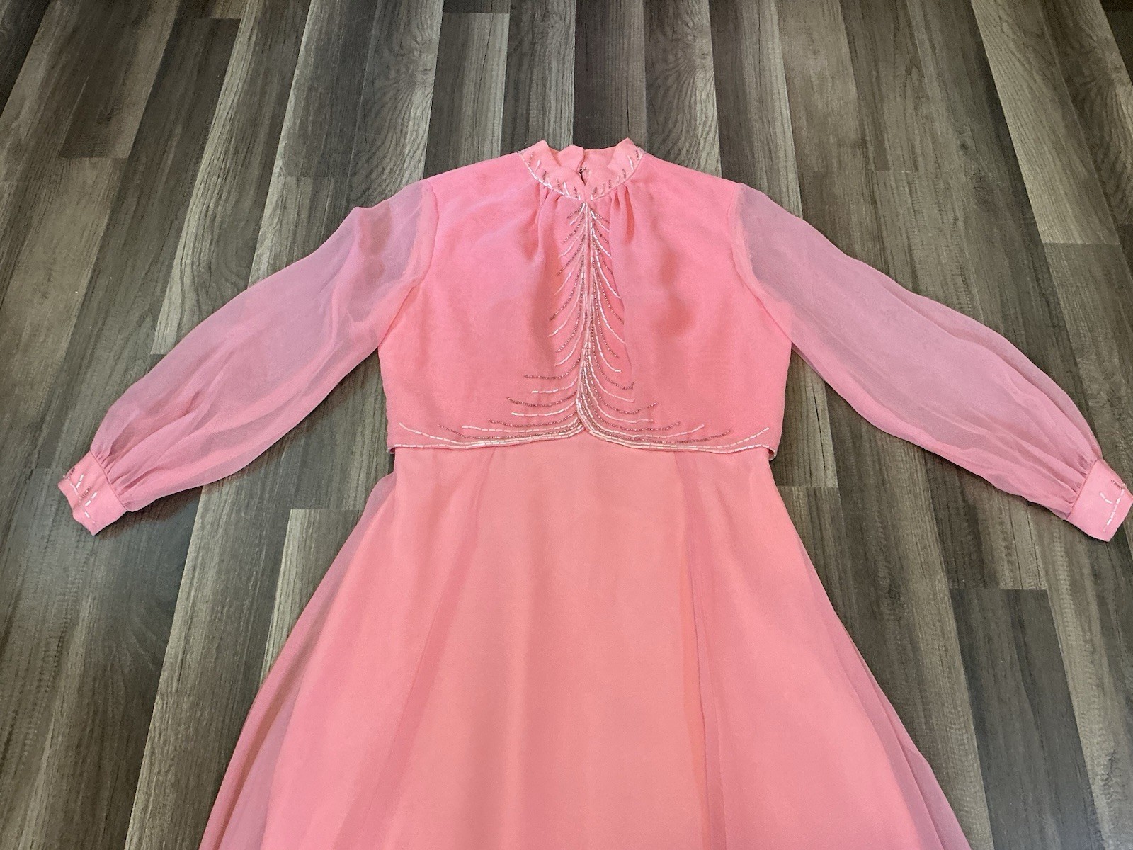 VTG 70’s Elgin Maxi Gown Dress Pink Chiffon Beadwork 5 Victorian Regencycore USA